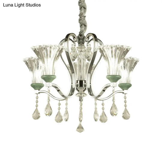 5 Bulb Modern Chandelier With Green Glass And Crystal Pendant Lighting