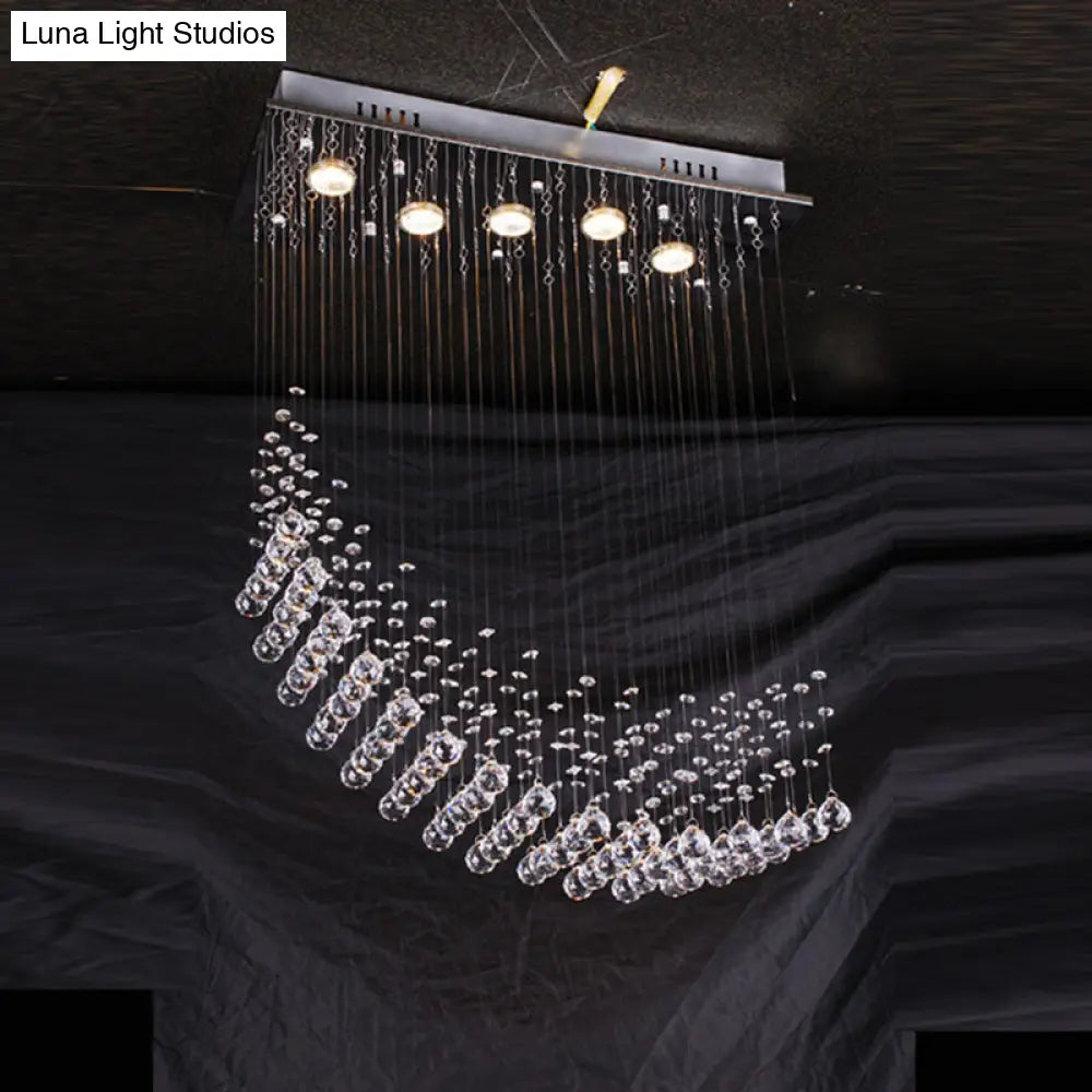 5-Bulb Nordic Satin Nickel Iron Flush Mount Ceiling Lamp With Crystal Drops