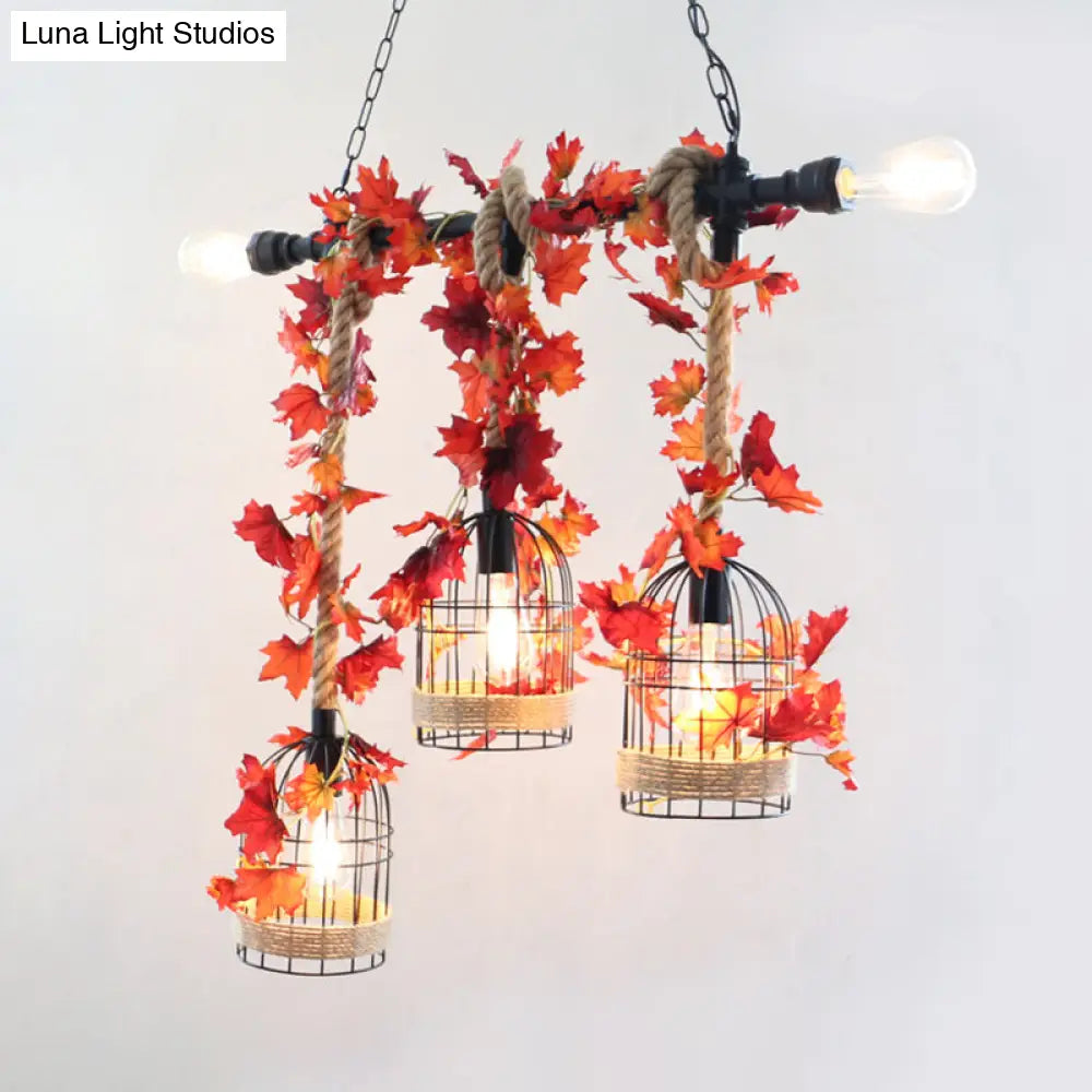 5-Head Birdcage Rope Island Light Fixture: Factory Red/Rose Red Metal Pendant Lamp With Artificial