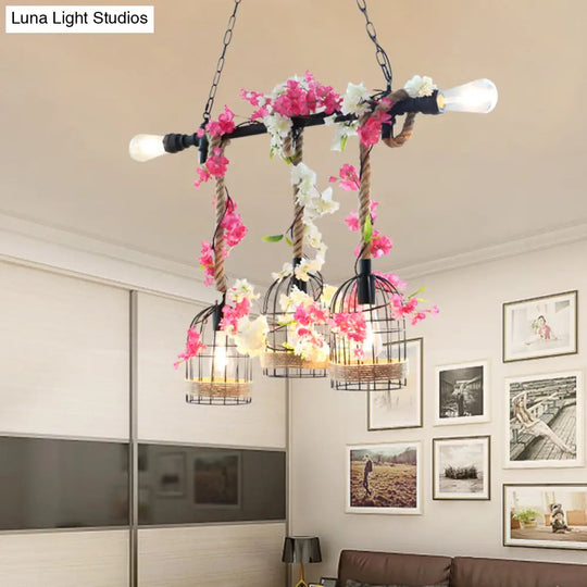 5-Head Birdcage Rope Island Light Fixture: Factory Red/Rose Red Metal Pendant Lamp With Artificial