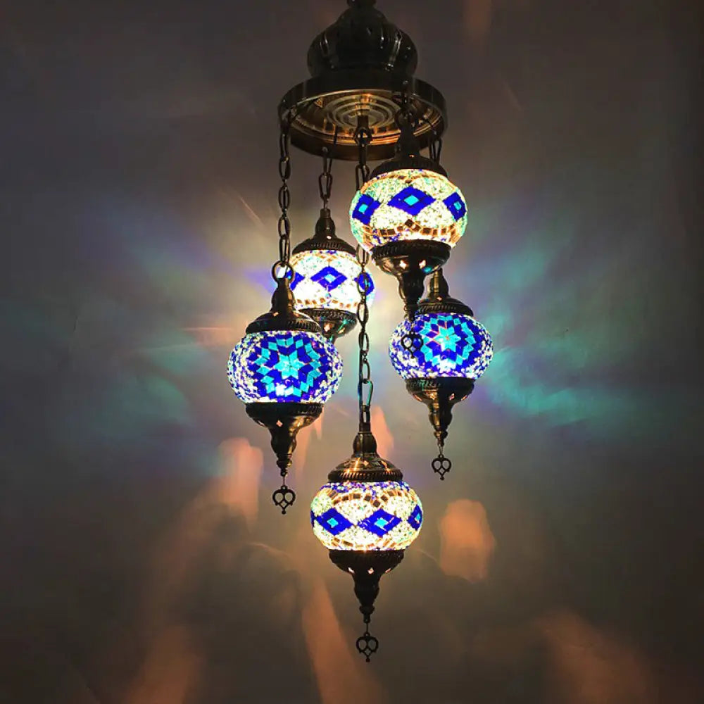 5-Head Cut Glass Chandelier Pendant Light In Traditional Red/Orange/Blue - Perfect For Living Room