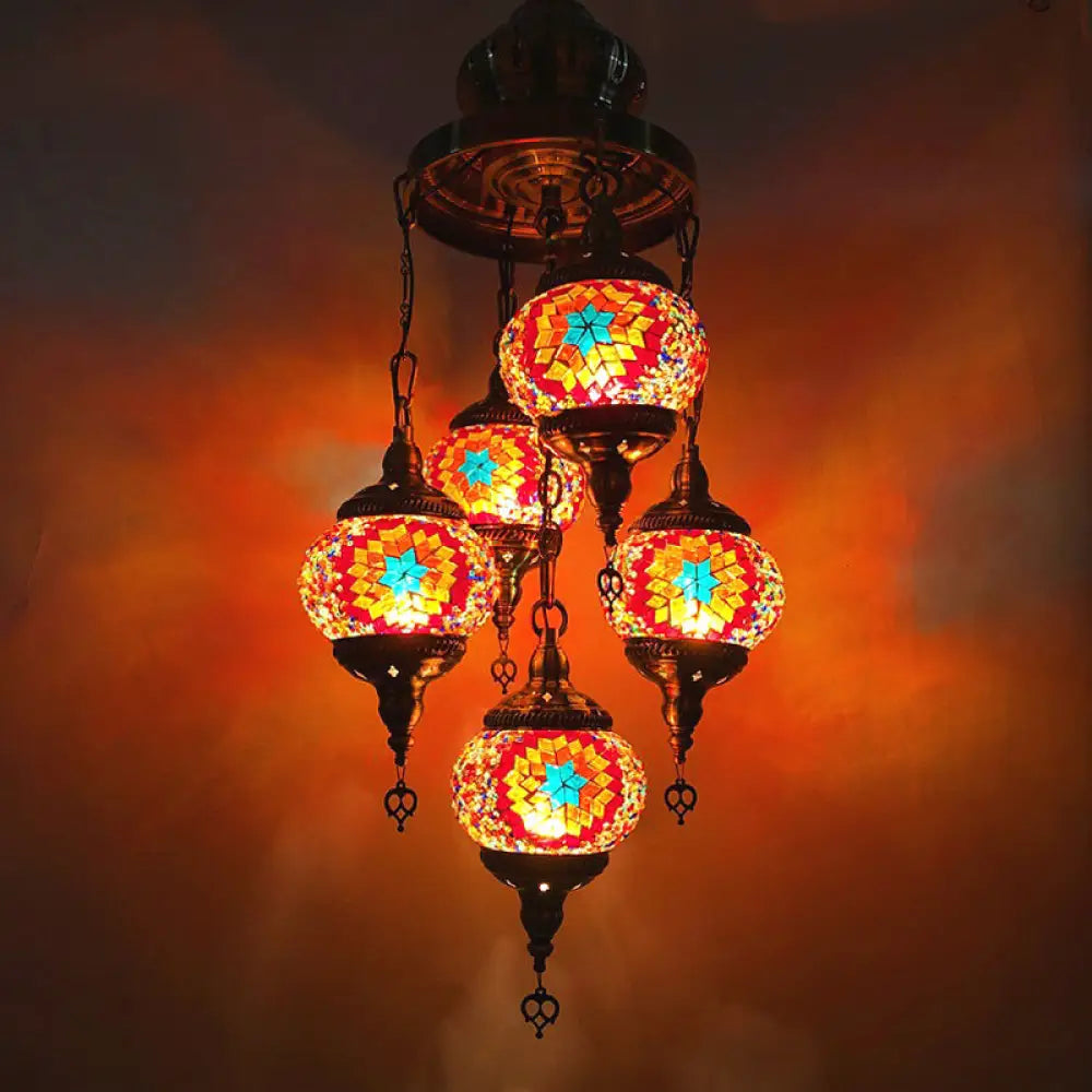 5-Head Cut Glass Chandelier Pendant Light In Traditional Red/Orange/Blue - Perfect For Living Room