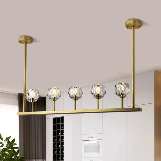 5-Head Linear Crystal Ball Pendant Light In Gold - Elegant Dining Room Ceiling Fixture