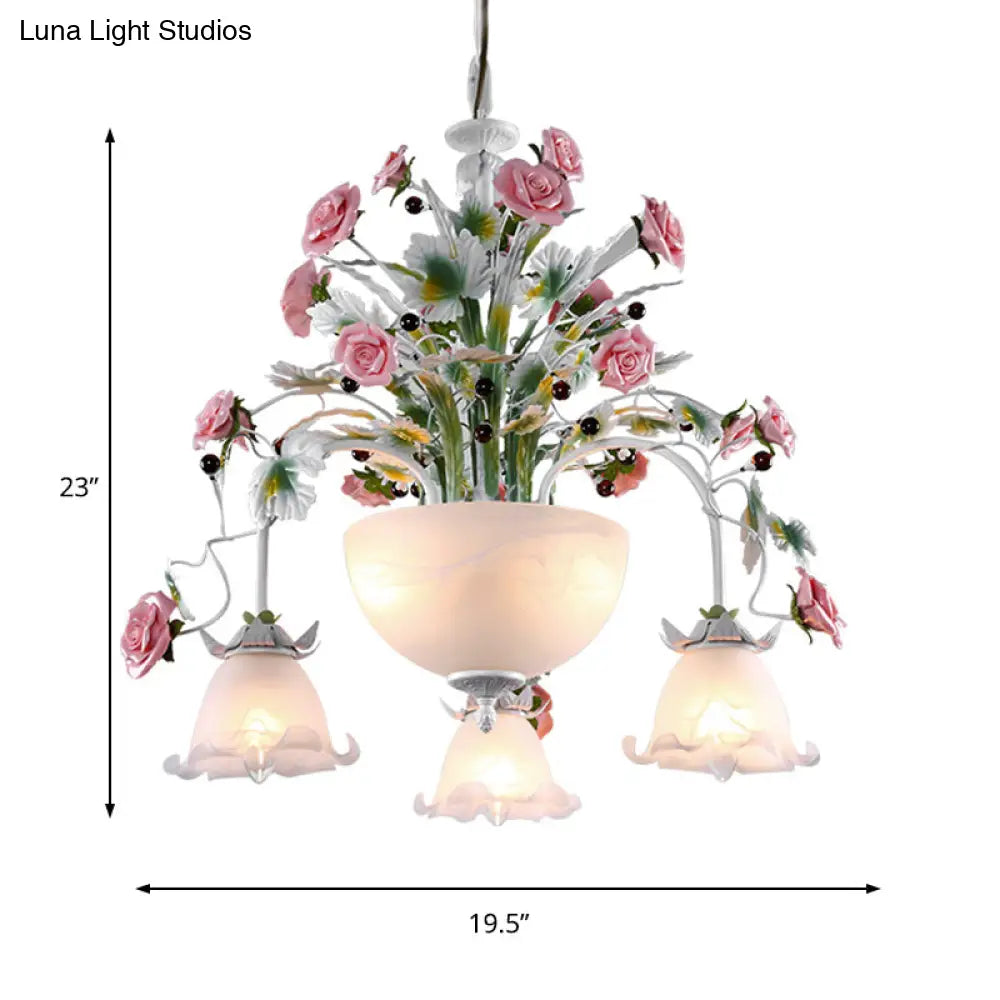 5-Head Milk Glass Chandelier: Stylish Countryside Flower Suspension Lamp For Stairs