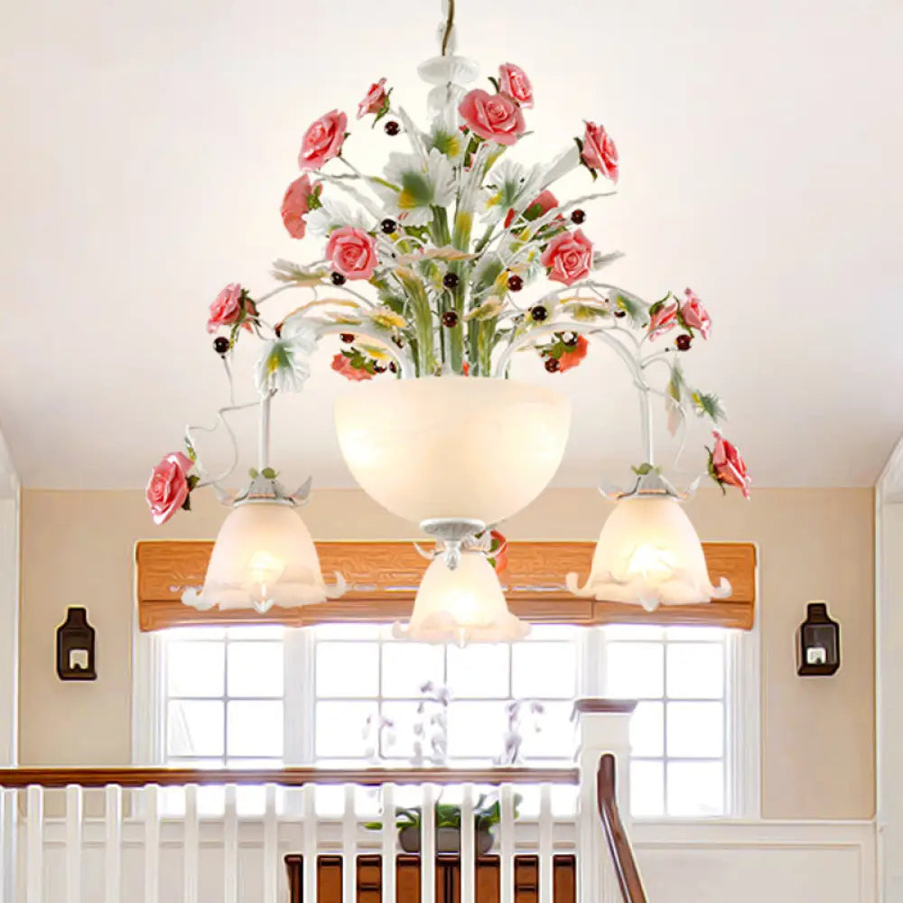 5-Head Milk Glass Chandelier: Stylish Countryside Flower Suspension Lamp For Stairs White