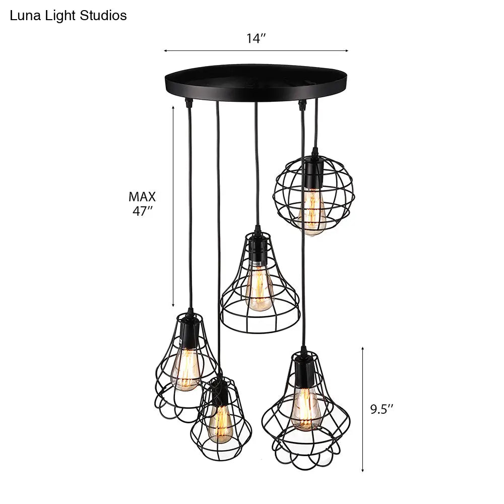 5-Head Vintage Caged Pendant Lighting With Unique Shades - Black Iron Ceiling Fixture For Table
