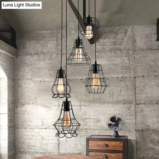 Vintage Caged Pendant Lighting - 5 Head Iron Ceiling Fixture With Various Black Shades For Table