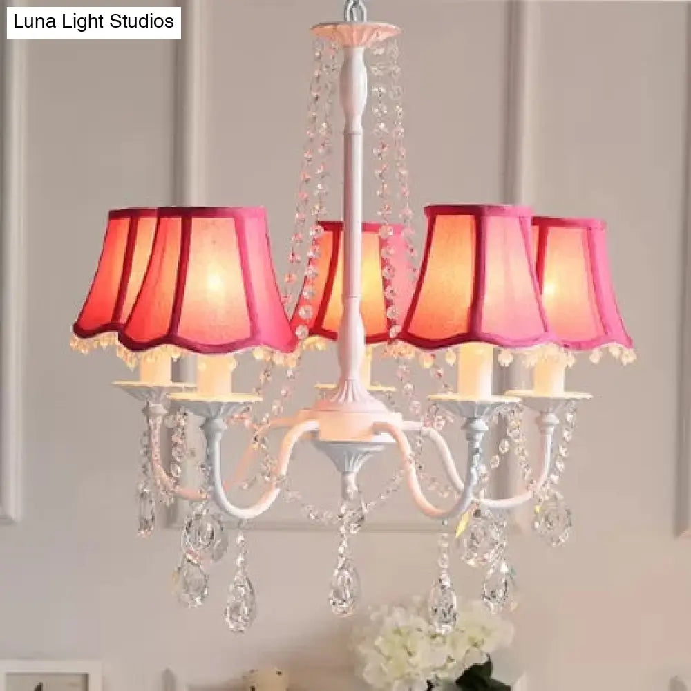 5-Light Baby Crystal Chandelier With Flared Fabric Shade 23.5 H X 22.5 Dia.