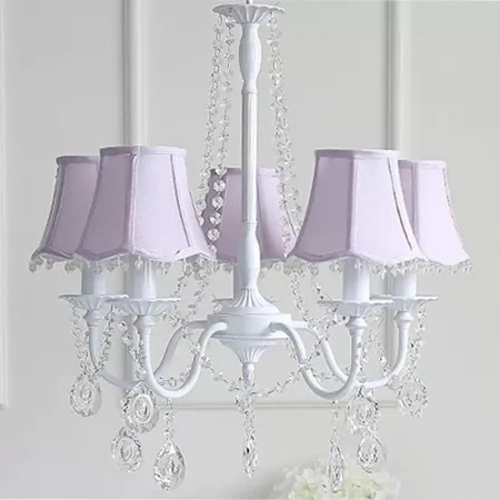 5-Light Baby Crystal Chandelier With Flared Fabric Shade 23.5 H X 22.5 Dia. Purple