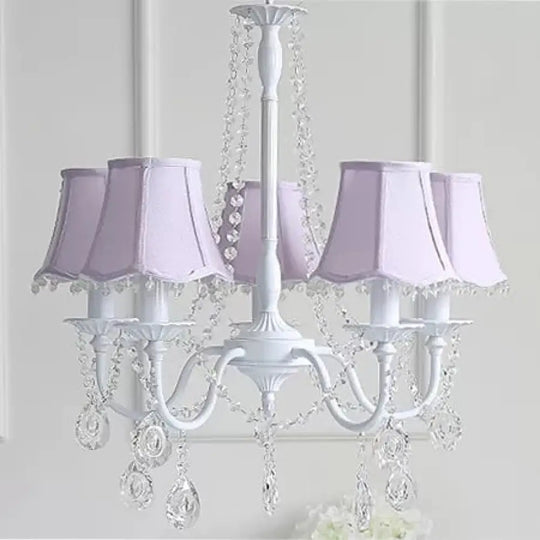 5-Light Baby Crystal Chandelier With Flared Fabric Shade 23.5 H X 22.5 Dia. Purple