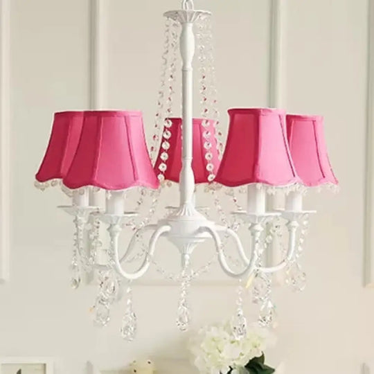 5-Light Baby Crystal Chandelier With Flared Fabric Shade 23.5 H X 22.5 Dia. Rose Red