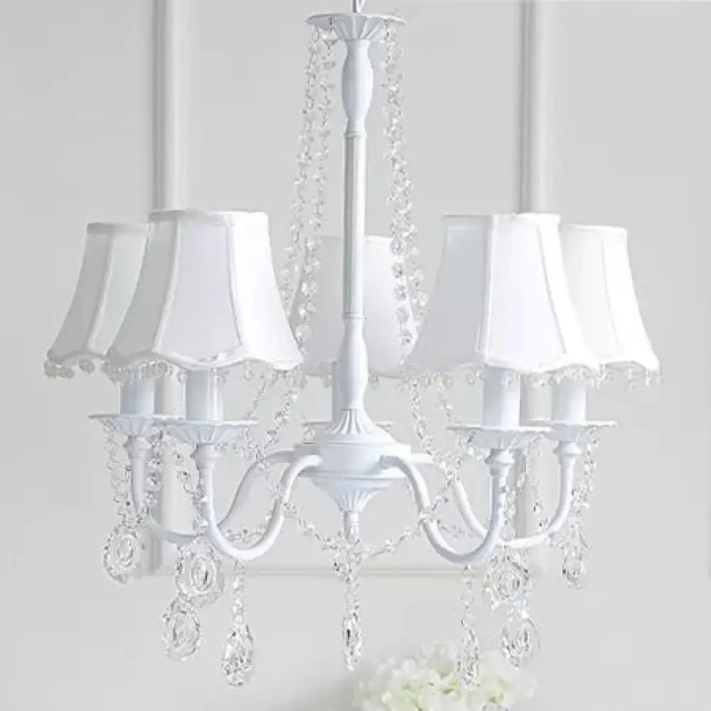 5-Light Baby Crystal Chandelier With Flared Fabric Shade 23.5 H X 22.5 Dia. White