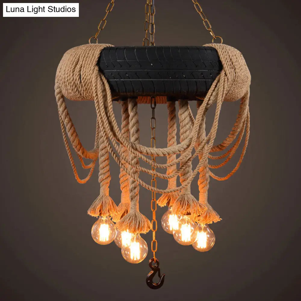 Industrial Black Tyre Chandelier With Hanging Rope - 5-Light Suspension Pendant For Restaurant &
