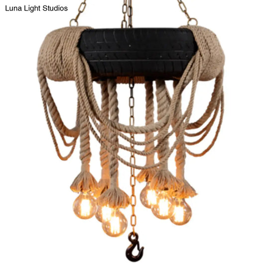 Industrial Black Tyre Chandelier With Hanging Rope - 5-Light Suspension Pendant For Restaurant &