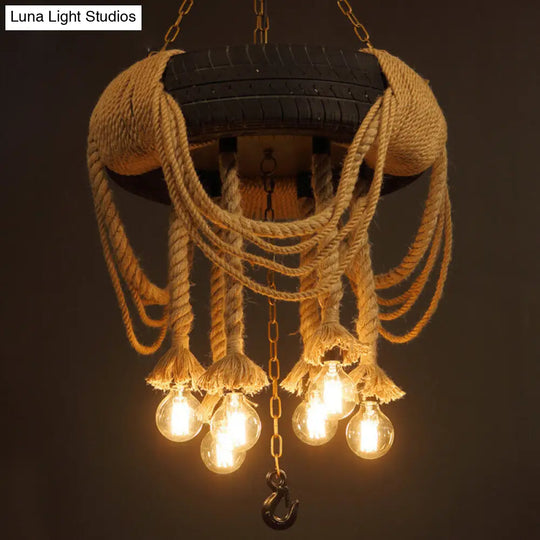 Industrial Black Tyre Chandelier With Hanging Rope - 5-Light Suspension Pendant For Restaurant &