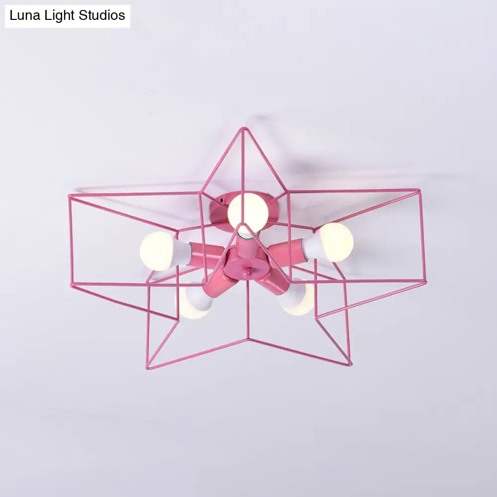 5-Light Industrial Ceiling Lamp For Kid’s Bedroom With Star Cage Design