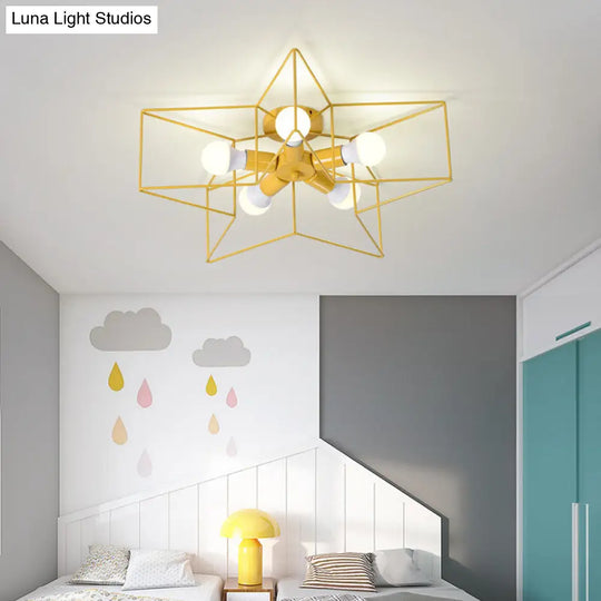 5-Light Industrial Ceiling Lamp For Kids Bedroom With Star Cage Design Yellow