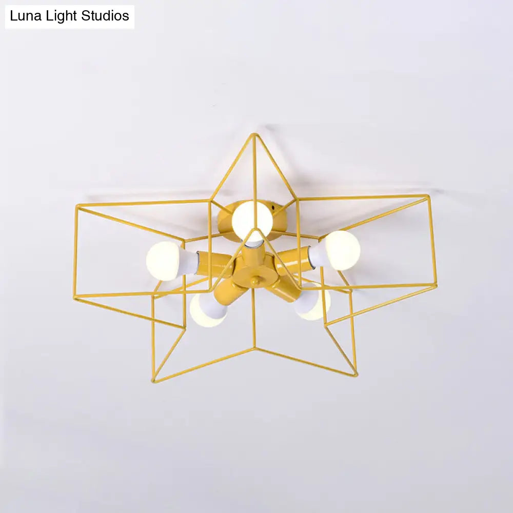 5-Light Industrial Ceiling Lamp For Kids Bedroom With Star Cage Design