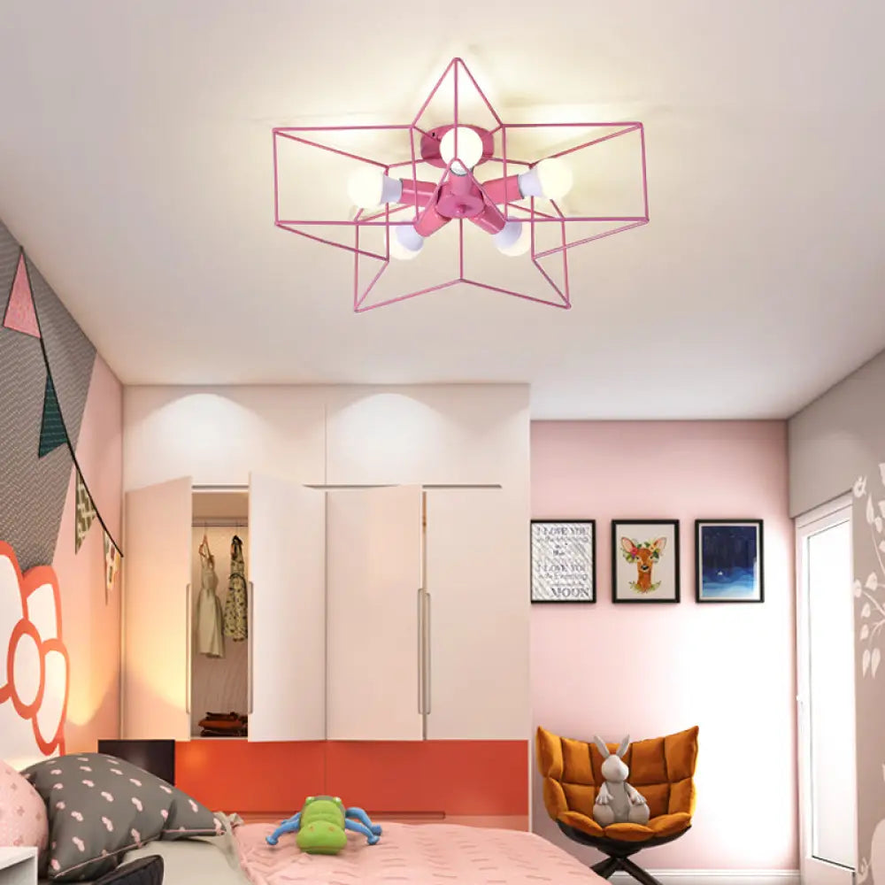 5-Light Industrial Ceiling Lamp For Kid’s Bedroom With Star Cage Design Pink