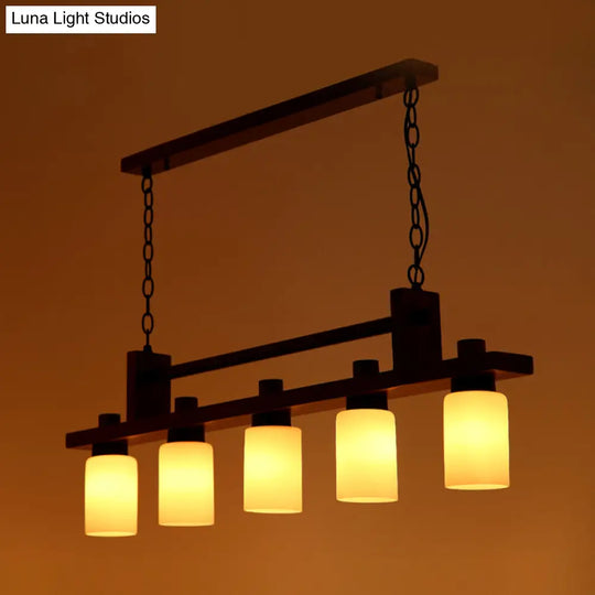 5-Light Island Pendant: Traditional Linear Wood Hanging Light In Brown With Opal Glass Shade