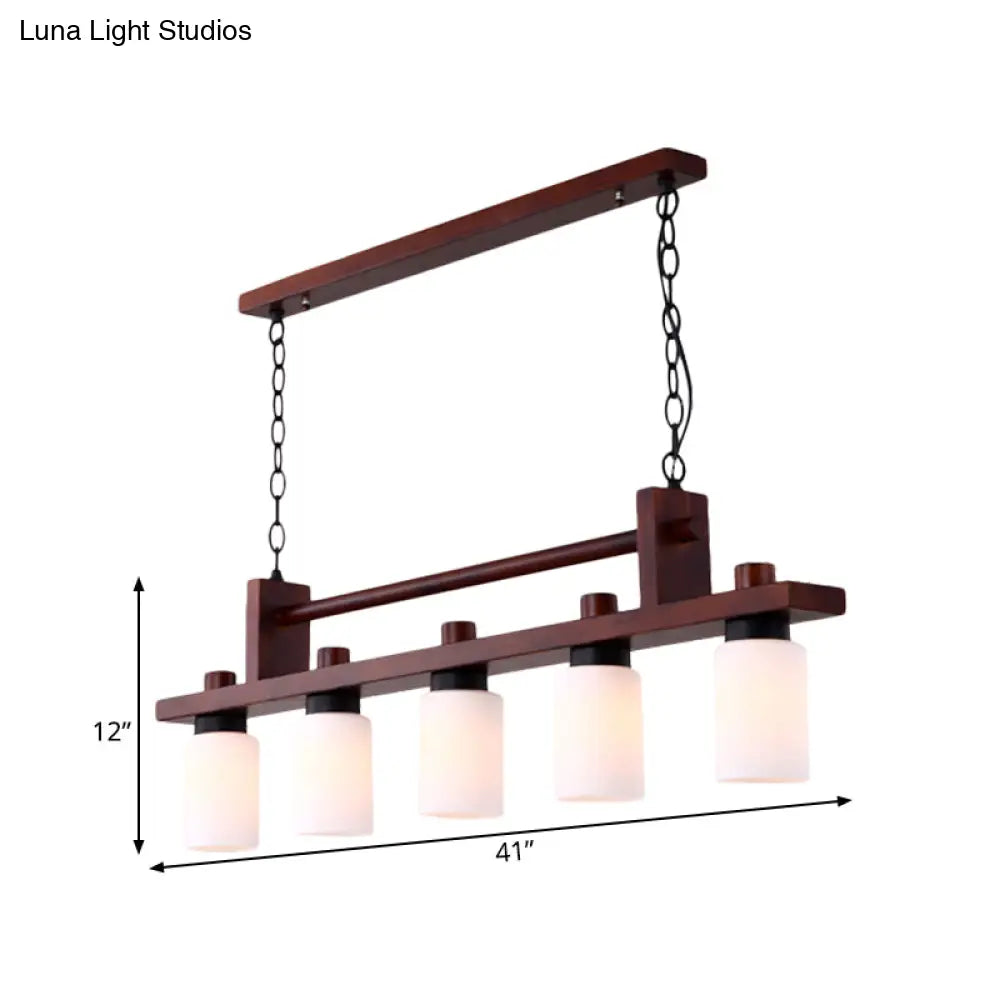 5-Light Island Pendant: Traditional Linear Wood Hanging Light In Brown With Opal Glass Shade