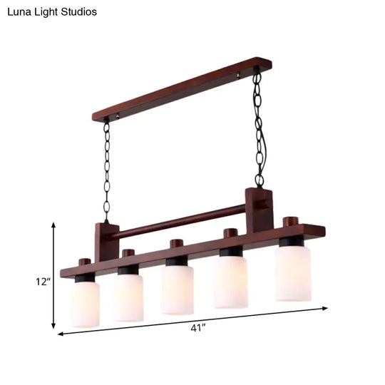 5-Light Island Pendant: Traditional Linear Wood Hanging Light In Brown With Opal Glass Shade