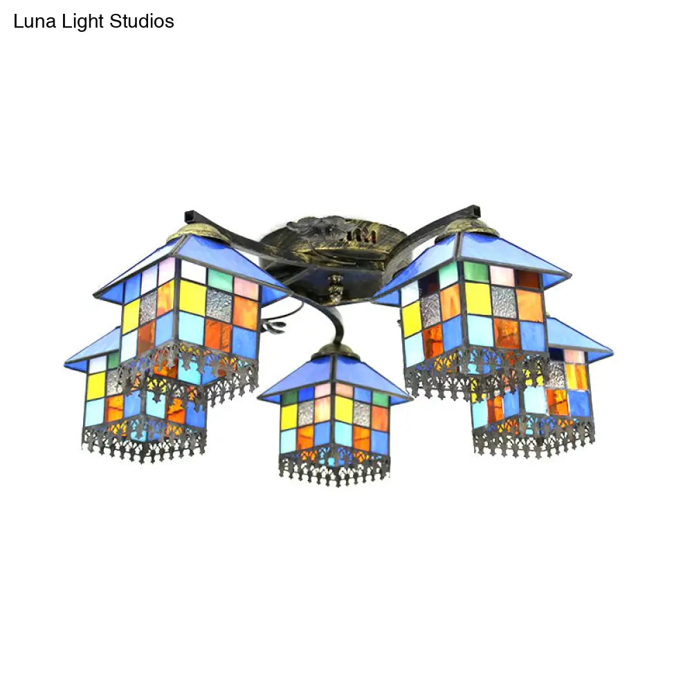 5 - Light Lodge Glass Semi Flush Ceiling Light In Antique Bronze