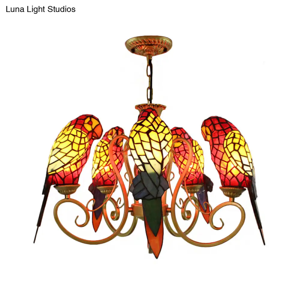 5-Light Parrots Tiffany Style Chandelier For Living Room With Mosaic Shade