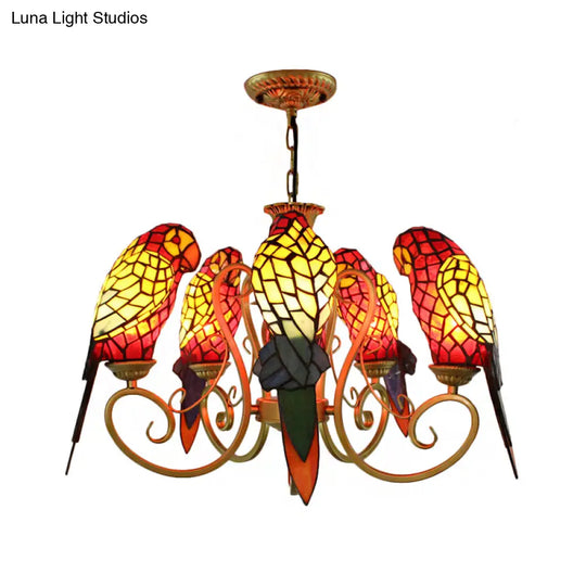 5-Light Parrots Tiffany Style Chandelier For Living Room With Mosaic Shade