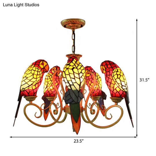 5-Light Parrots Chandelier For Living Room Tiffany Style Mosaic Shade Ceiling Fixture