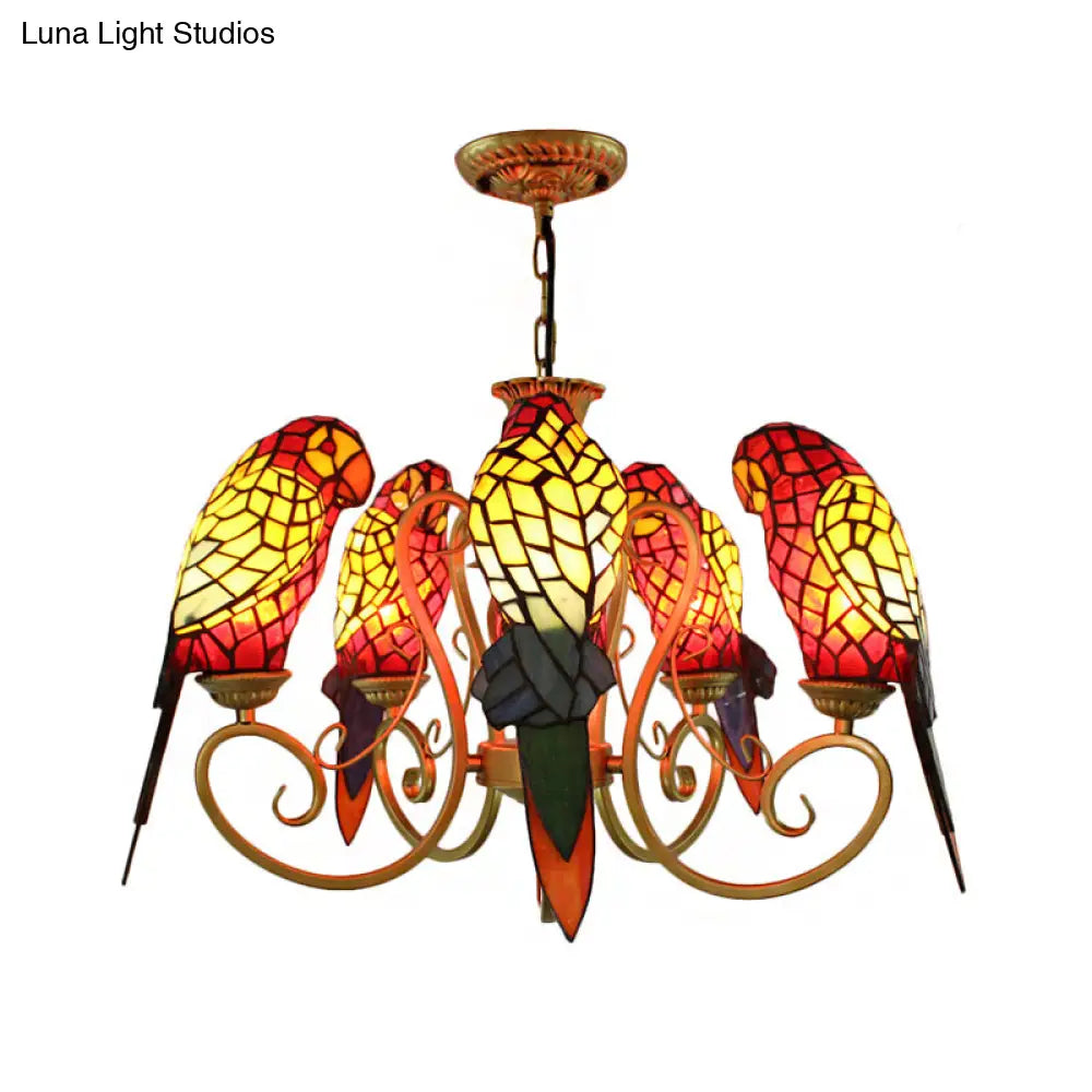 5-Light Parrots Chandelier For Living Room Tiffany Style Mosaic Shade Ceiling Fixture