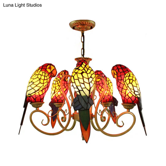 5-Light Parrots Chandelier For Living Room Tiffany Style Mosaic Shade Ceiling Fixture