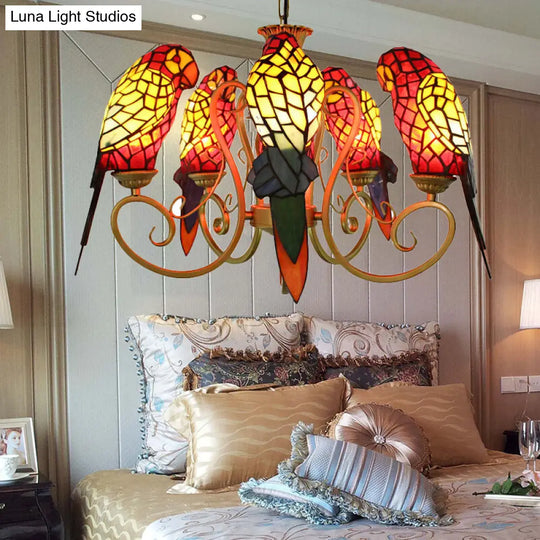 5-Light Parrots Chandelier For Living Room Tiffany Style Mosaic Shade Ceiling Fixture