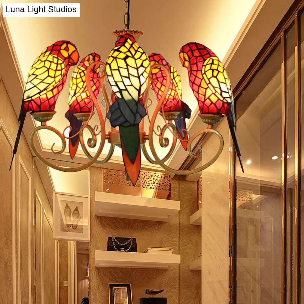 5-Light Parrots Chandelier For Living Room Tiffany Style Mosaic Shade Ceiling Fixture Red