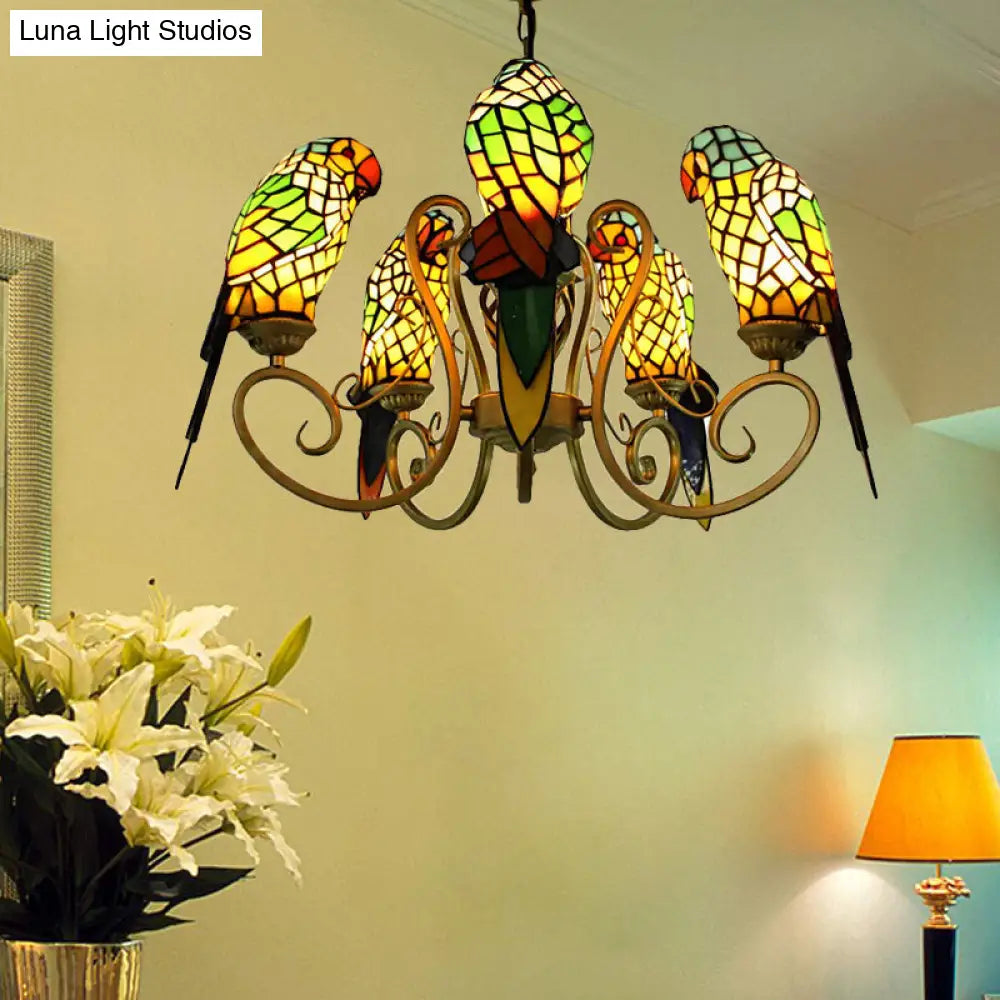 5-Light Parrots Chandelier For Living Room Tiffany Style Mosaic Shade Ceiling Fixture Yellow