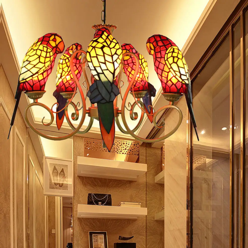 5-Light Parrots Tiffany Style Chandelier For Living Room With Mosaic Shade Red