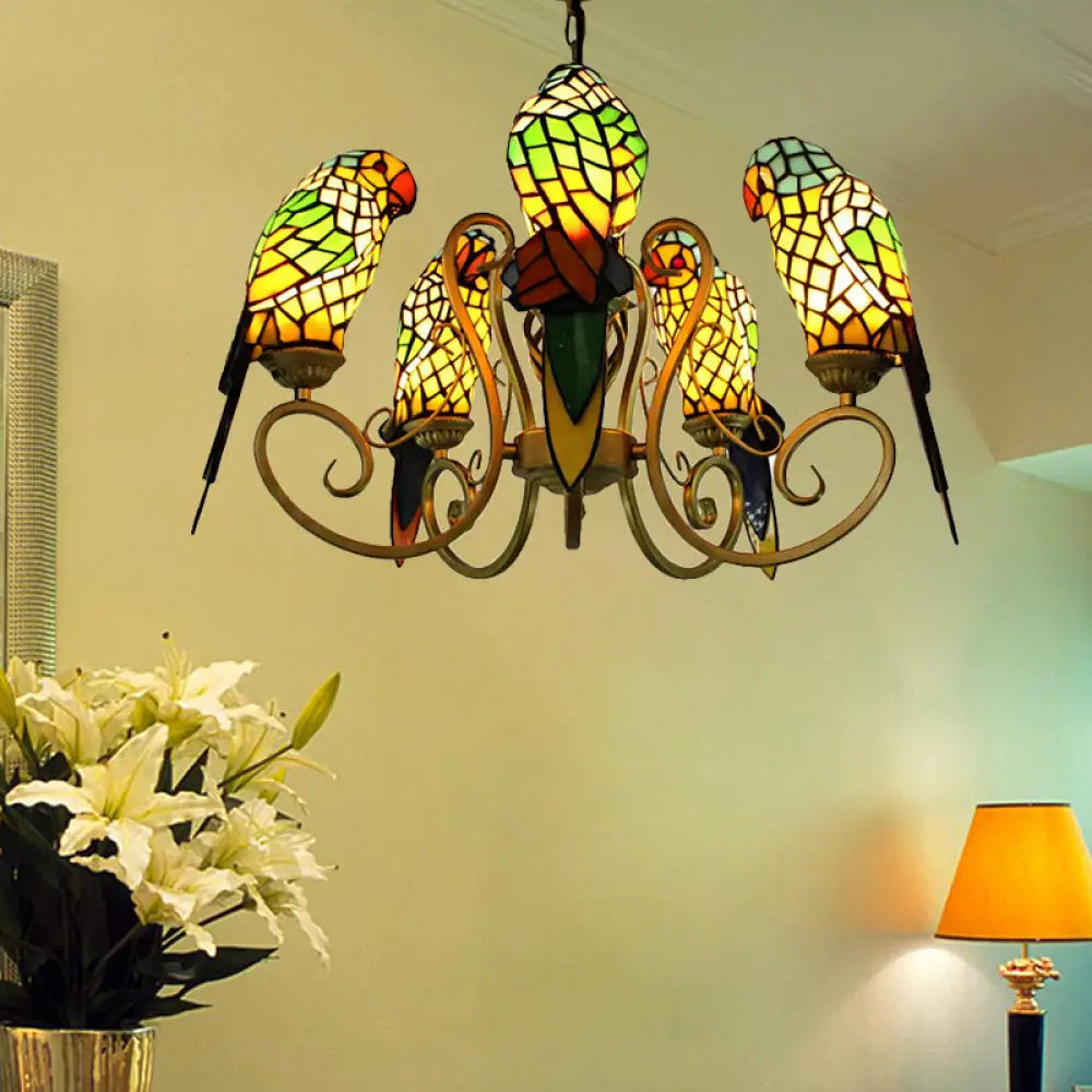 5-Light Parrots Tiffany Style Chandelier For Living Room With Mosaic Shade Yellow