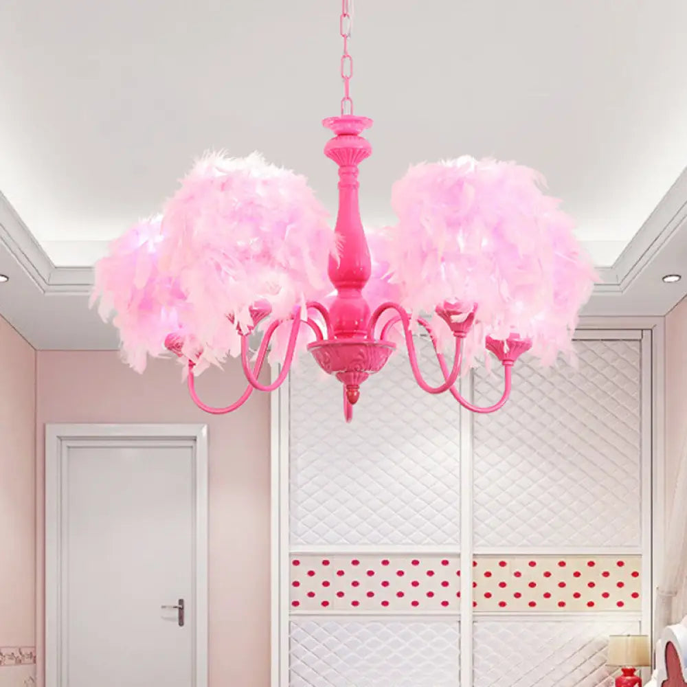 5-Light Pink Curvy Arm Chandelier Lamp With Feather Shade - Kids Metal Suspension Lighting