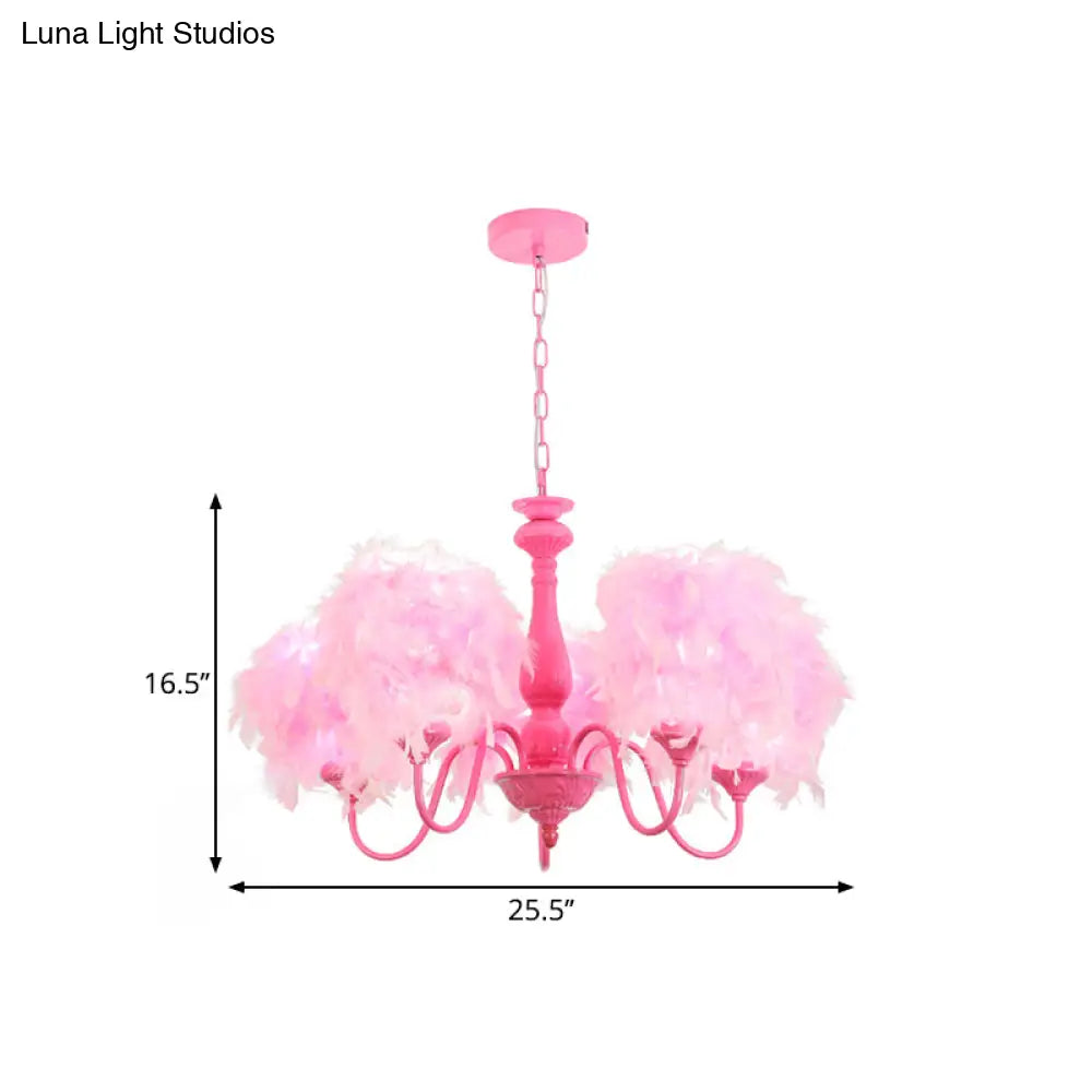 5-Light Pink Curvy Arm Chandelier Lamp With Feather Shade - Kids Metal Suspension Lighting