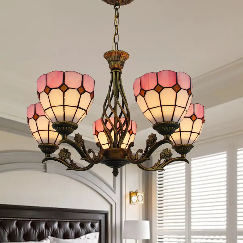 5-Light Pink Tiffany-Style Stained Glass Chandelier: Elegant Domed Hanging Pendant