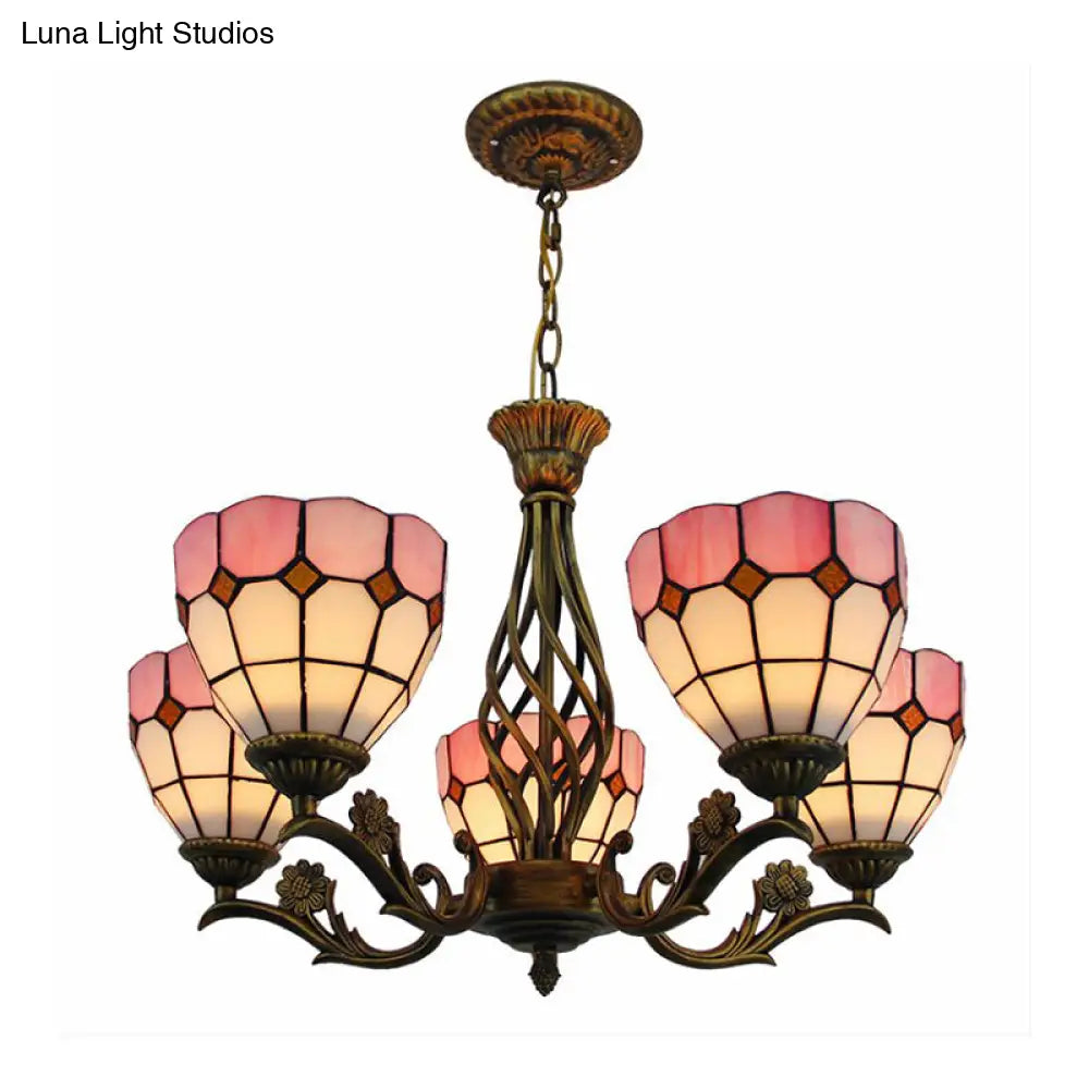 5-Light Pink Tiffany-Style Stained Glass Chandelier: Elegant Domed Hanging Pendant