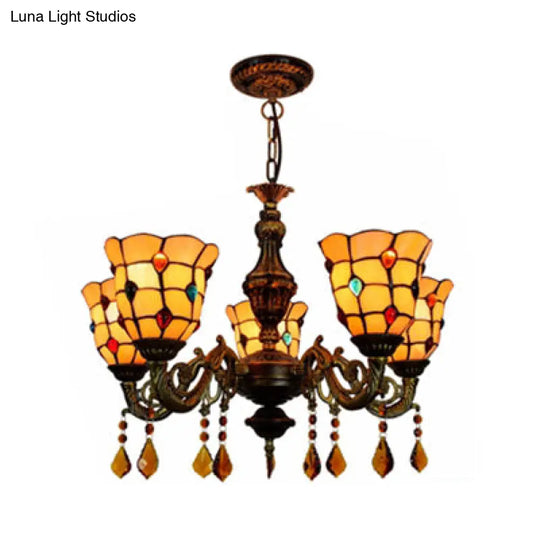 5-Light Stained Glass Chandelier With Bell-Shaped Beige Shade For Foyer