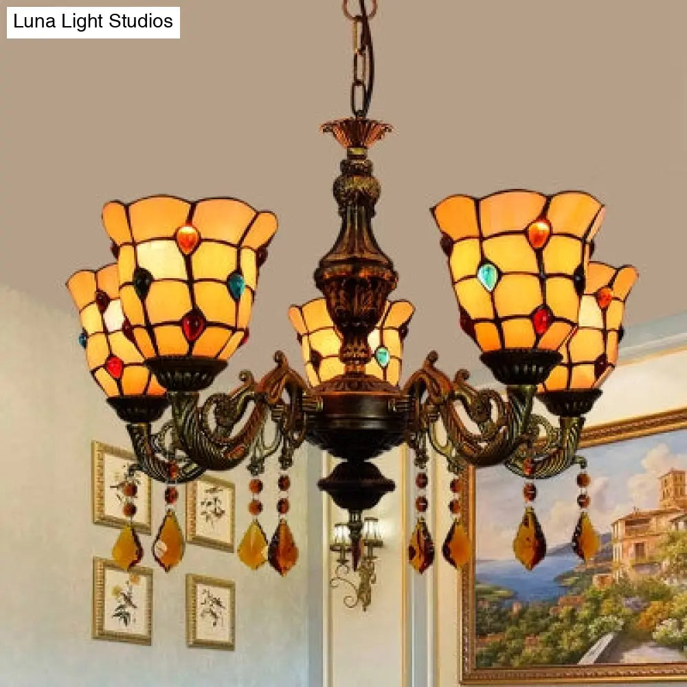 5-Light Stained Glass Chandelier With Bell-Shaped Beige Shade For Foyer