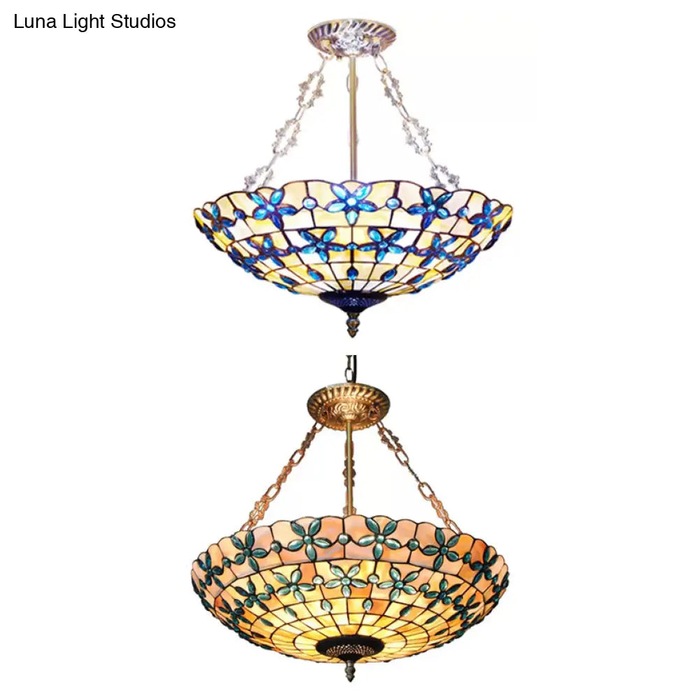 5-Light Stained Glass Dome Semi Flush Ceiling Light In Antique Brass - Tiffany Style For Bedroom