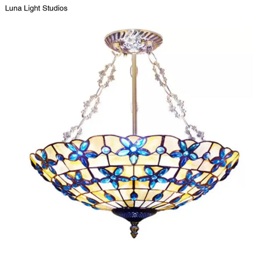 Antique Brass Stained Glass Ceiling Light With 5 Rods - Tiffany Style For Bedroom Blue / 19.5