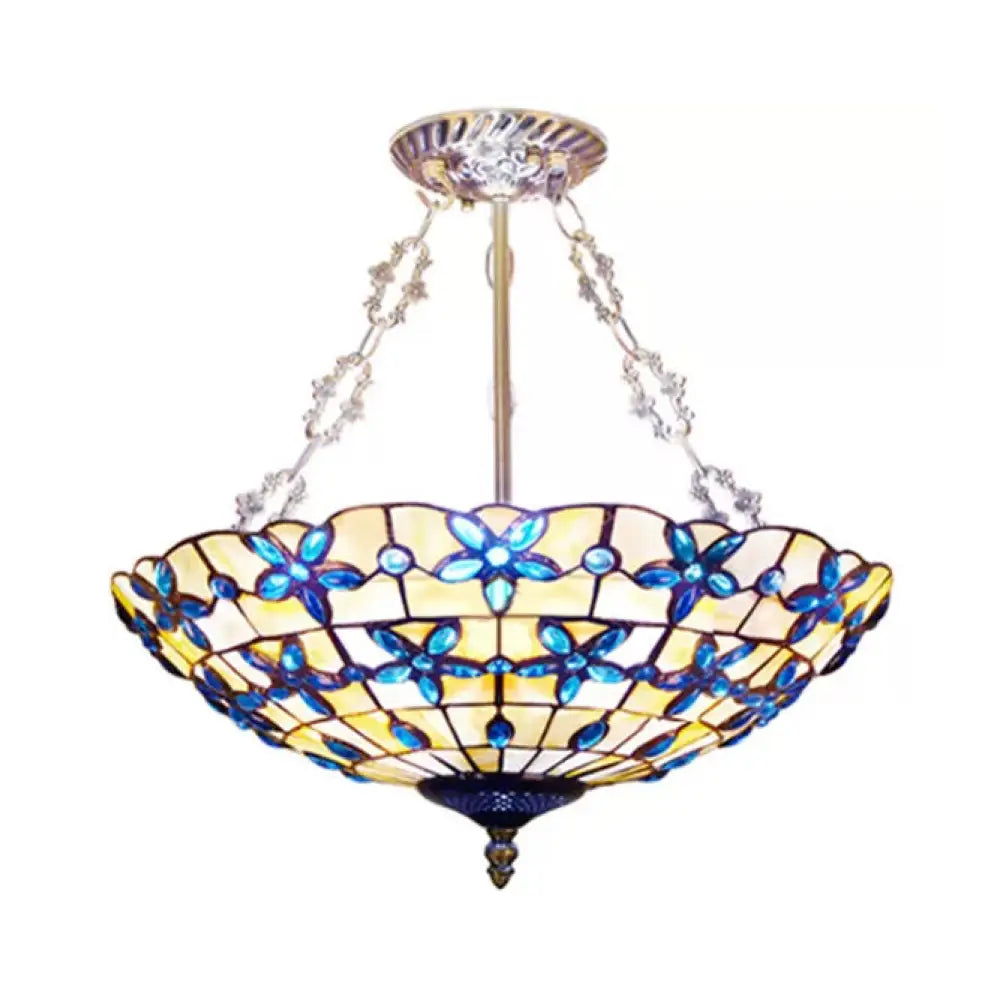 5-Light Stained Glass Dome Semi Flush Ceiling Light In Antique Brass - Tiffany Style For Bedroom