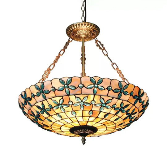 5-Light Stained Glass Dome Semi Flush Ceiling Light In Antique Brass - Tiffany Style For Bedroom