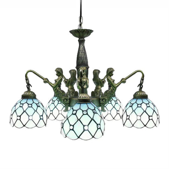 5-Light Tiffany Blue Cut Glass Pendant Chandelier With Mermaid Deco