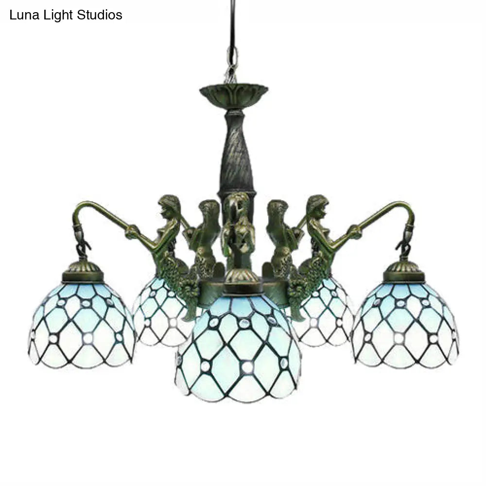 Mermaid Deco Tiffany Blue Cut Glass Dome Pendant Chandelier With 5 Lights