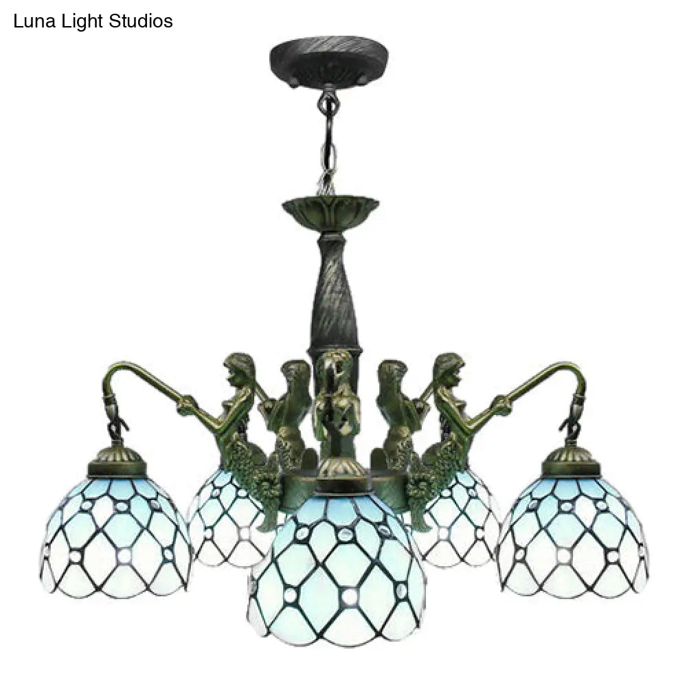 Mermaid Deco Tiffany Blue Cut Glass Dome Pendant Chandelier With 5 Lights